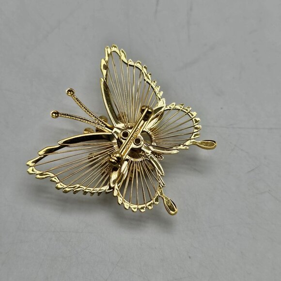 Gold Tone Monet Butterfly Brooch With Clear Rhinestones - Picture 3 of 5